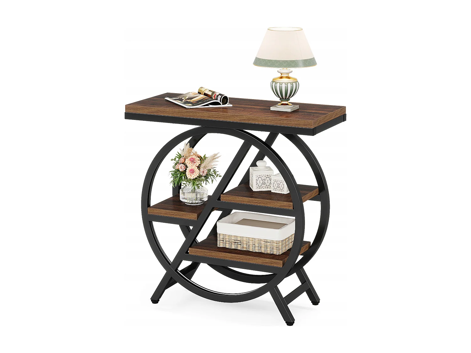 Table d'appoint étroite à 3 niveaux pour salon, table d'appoint en bois avec cadre géométrique en métal, table de chevet industrielle et table de chevet