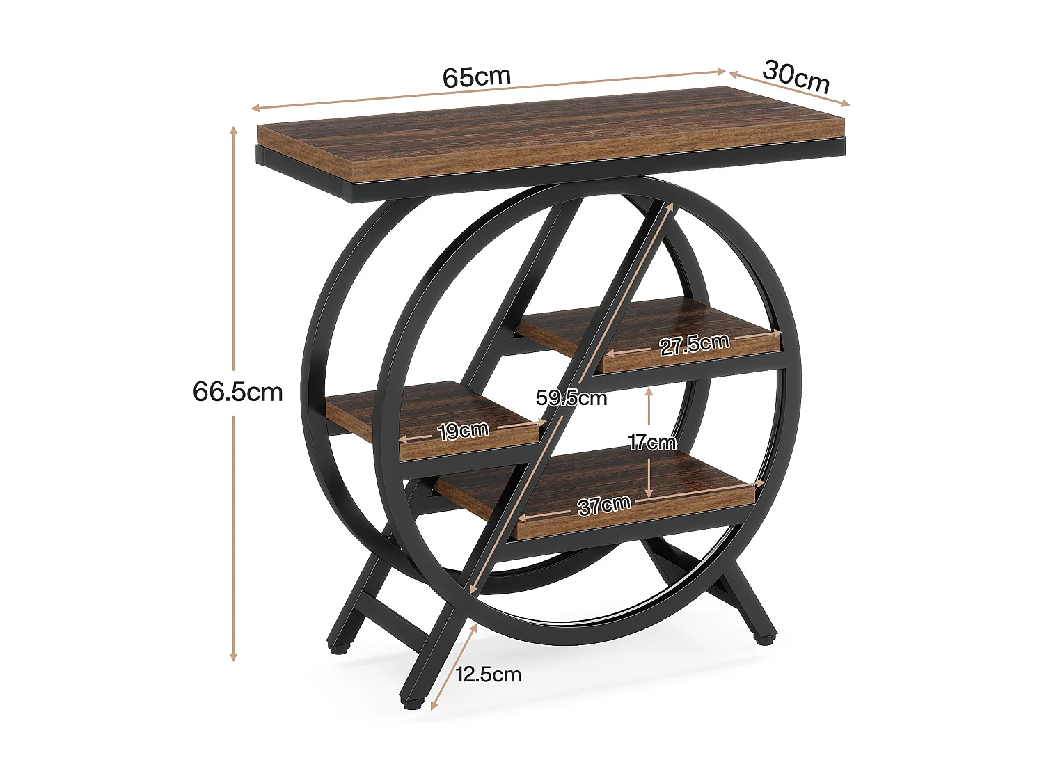 Table d'appoint étroite à 3 niveaux pour salon, table d'appoint en bois avec cadre géométrique en métal, table de chevet industrielle et table de chevet