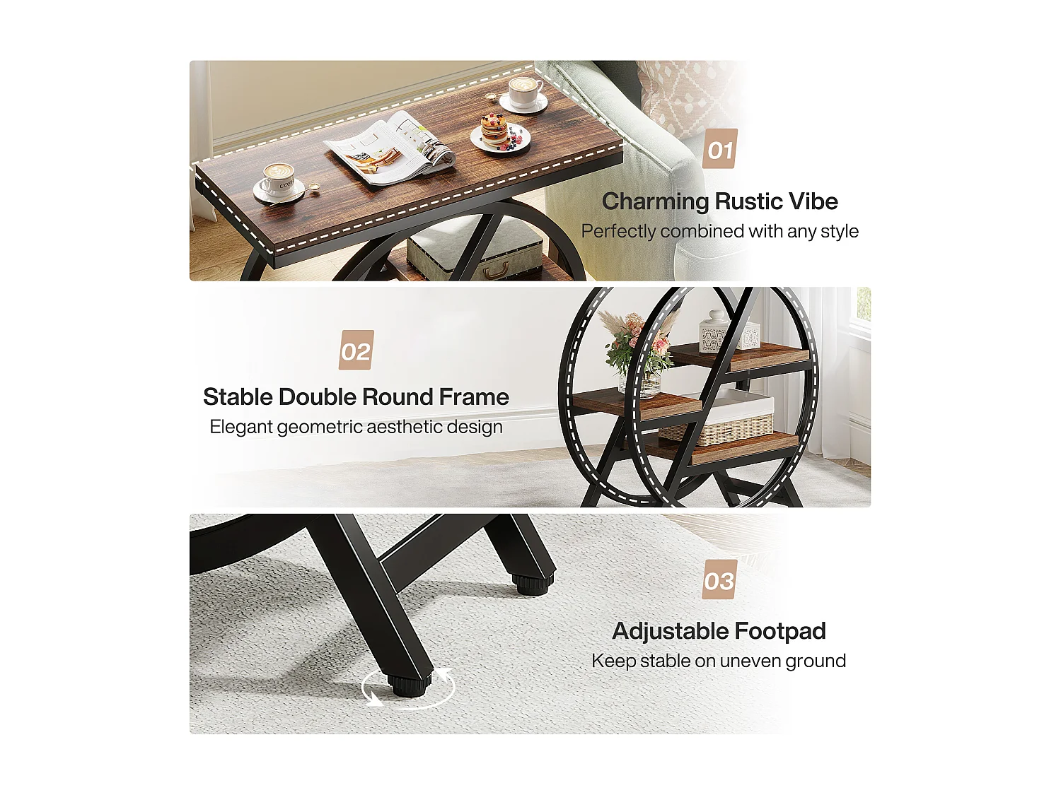 Table d'appoint étroite à 3 niveaux pour salon, table d'appoint en bois avec cadre géométrique en métal, table de chevet industrielle et table de chevet