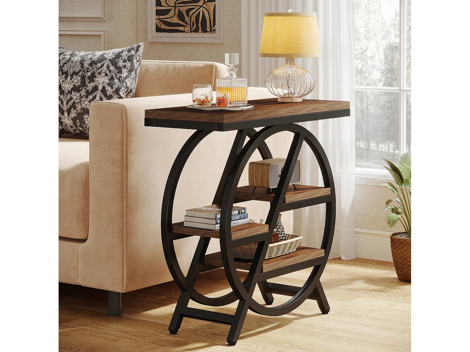 Mesa de apoio estreita com 3 níveis para sala de estar, mesa de apoio em madeira com estrutura geométrica de metal, mesa de cabeceira industrial e mesa de cabeceira