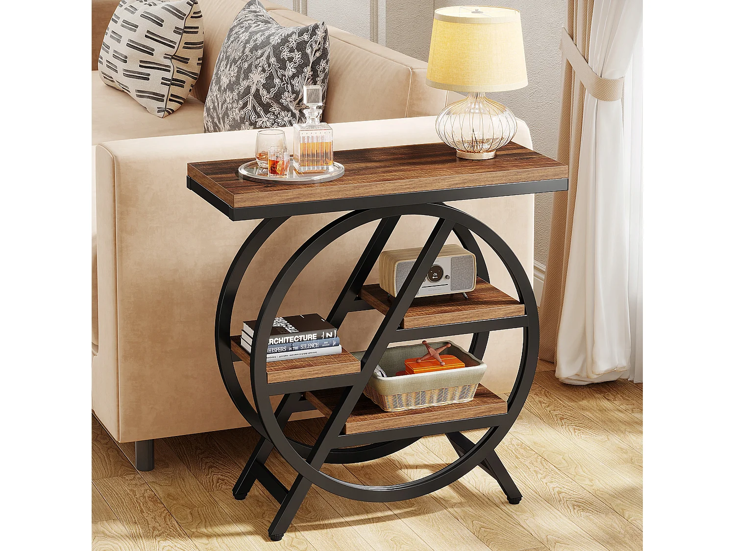 Mesa de apoio estreita com 3 níveis para sala de estar, mesa de apoio em madeira com estrutura geométrica de metal, mesa de cabeceira industrial e mesa de cabeceira