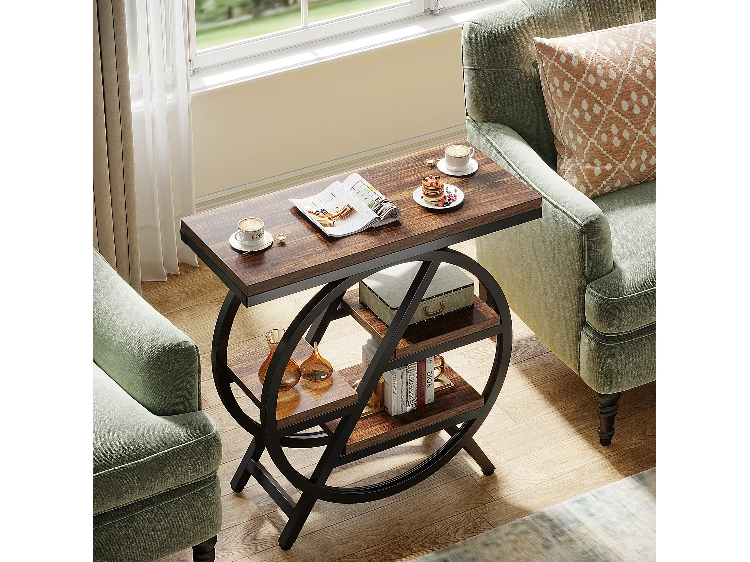 Mesa de apoio estreita com 3 níveis para sala de estar, mesa de apoio em madeira com estrutura geométrica de metal, mesa de cabeceira industrial e mesa de cabeceira