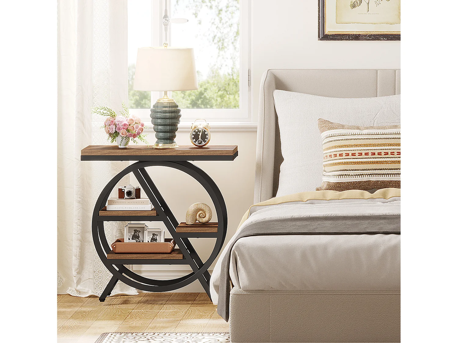 Mesa de apoio estreita com 3 níveis para sala de estar, mesa de apoio em madeira com estrutura geométrica de metal, mesa de cabeceira industrial e mesa de cabeceira