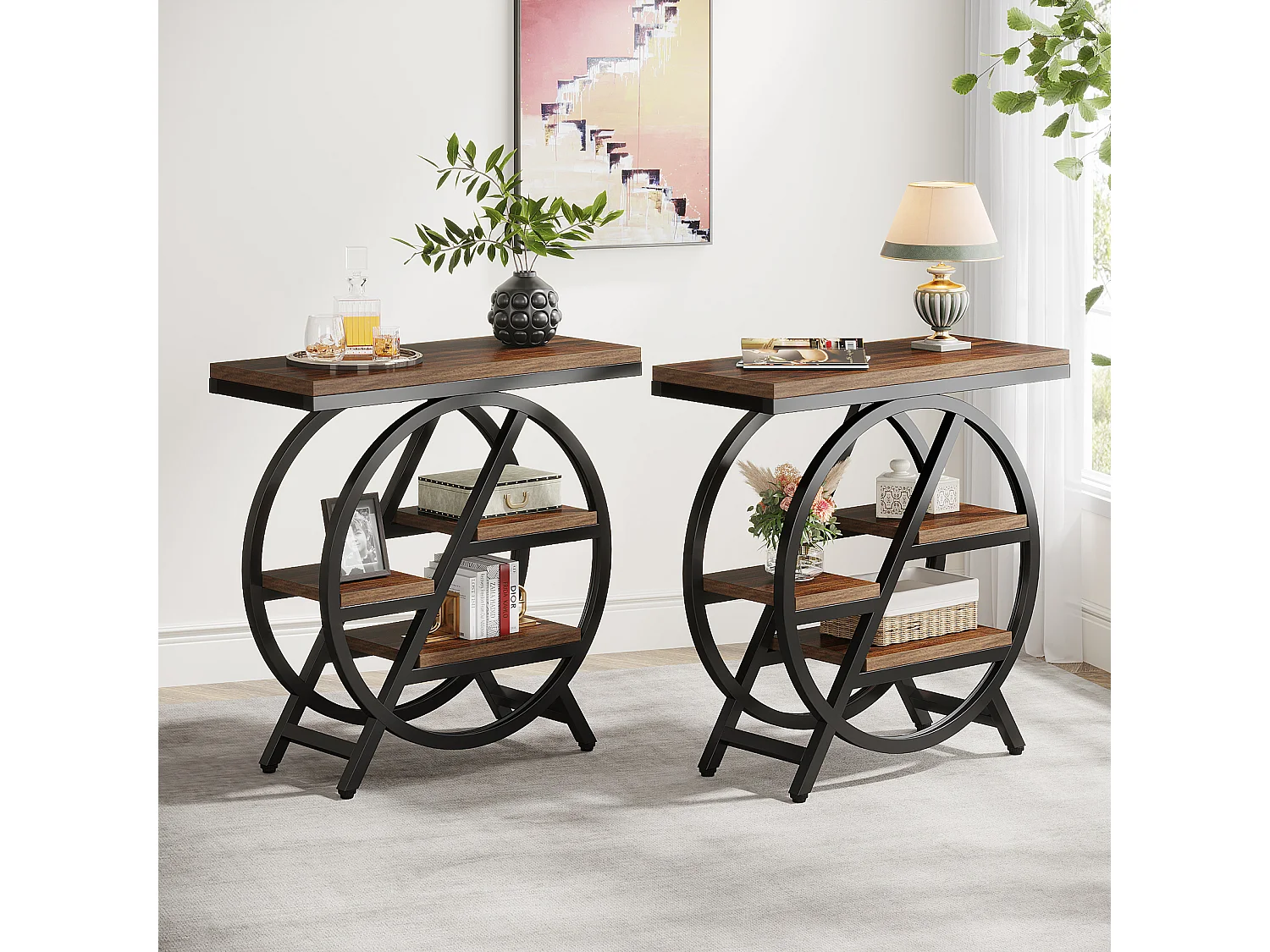 Mesa de apoio estreita com 3 níveis para sala de estar, mesa de apoio em madeira com estrutura geométrica de metal, mesa de cabeceira industrial e mesa de cabeceira