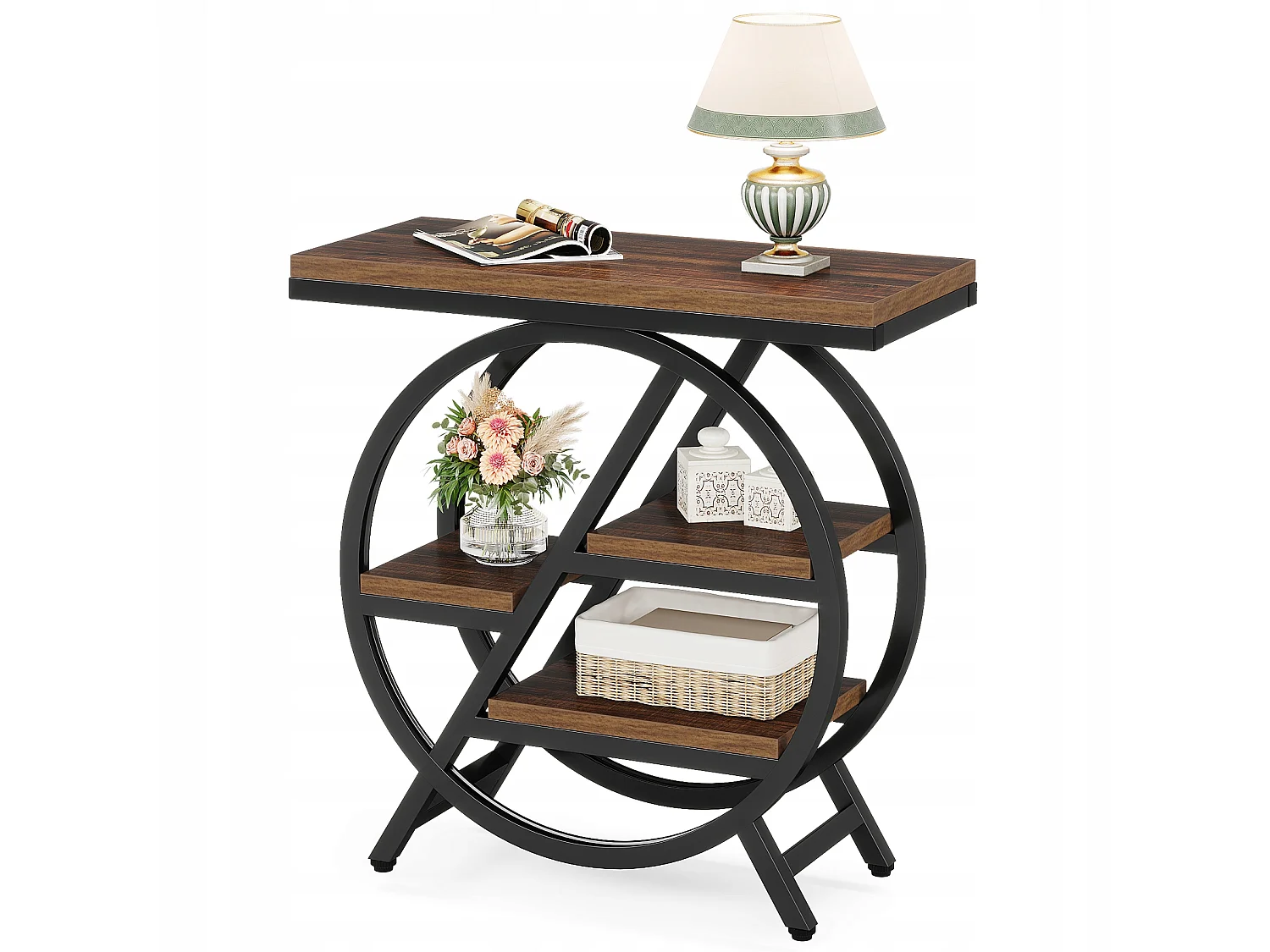 Table d'appoint étroite à 3 niveaux pour salon, table d'appoint en bois avec cadre géométrique en métal, table de chevet industrielle et table de chevet