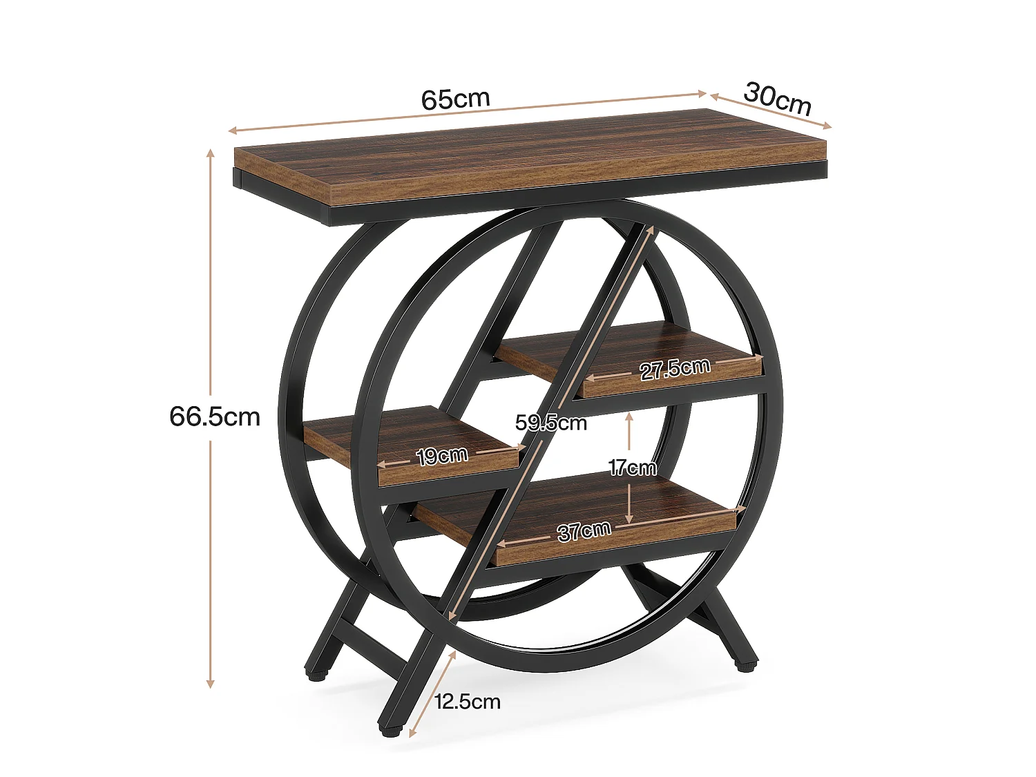Table d'appoint étroite à 3 niveaux pour salon, table d'appoint en bois avec cadre géométrique en métal, table de chevet industrielle et table de chevet