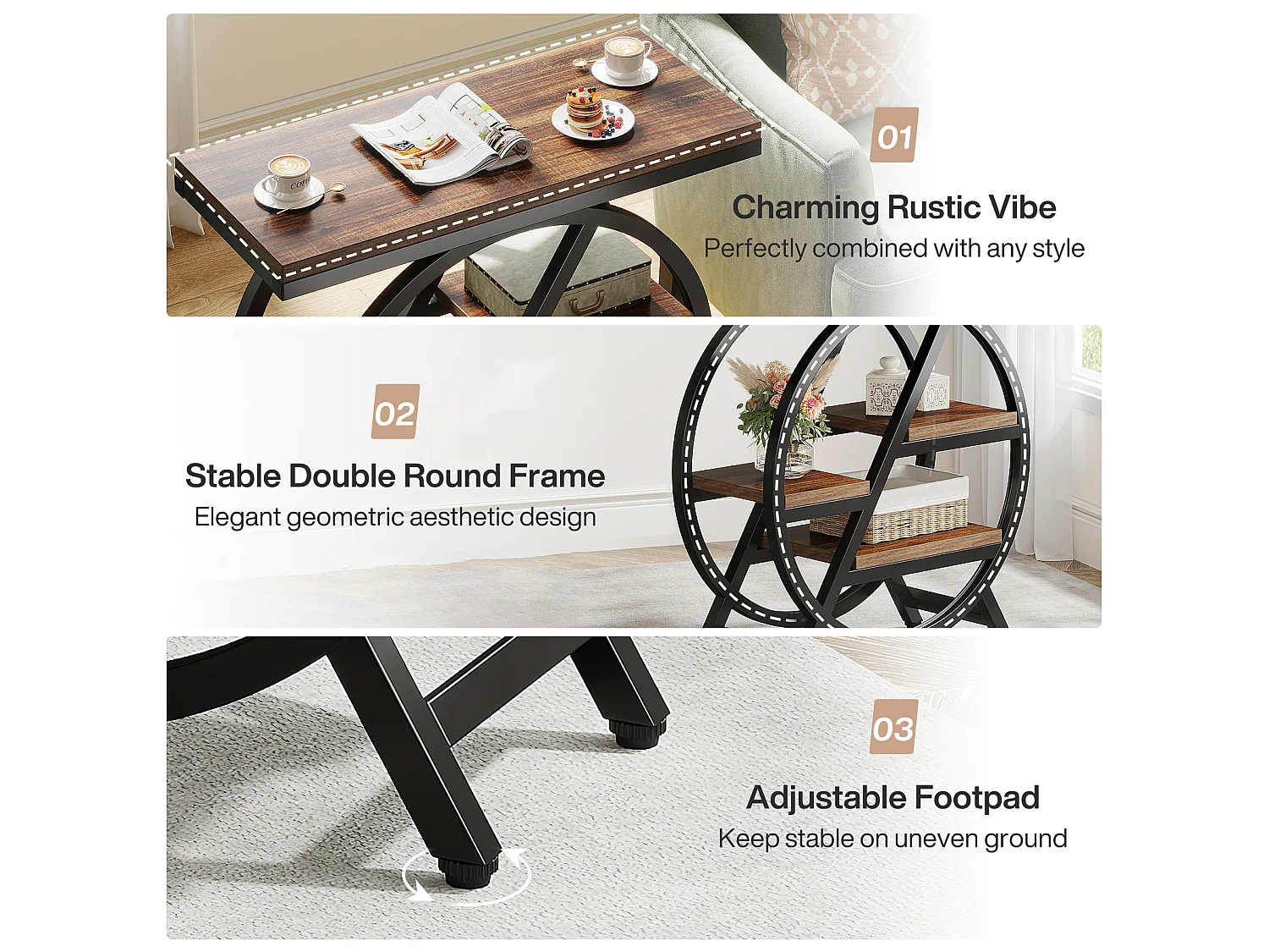 Table d'appoint étroite à 3 niveaux pour salon, table d'appoint en bois avec cadre géométrique en métal, table de chevet industrielle et table de chevet