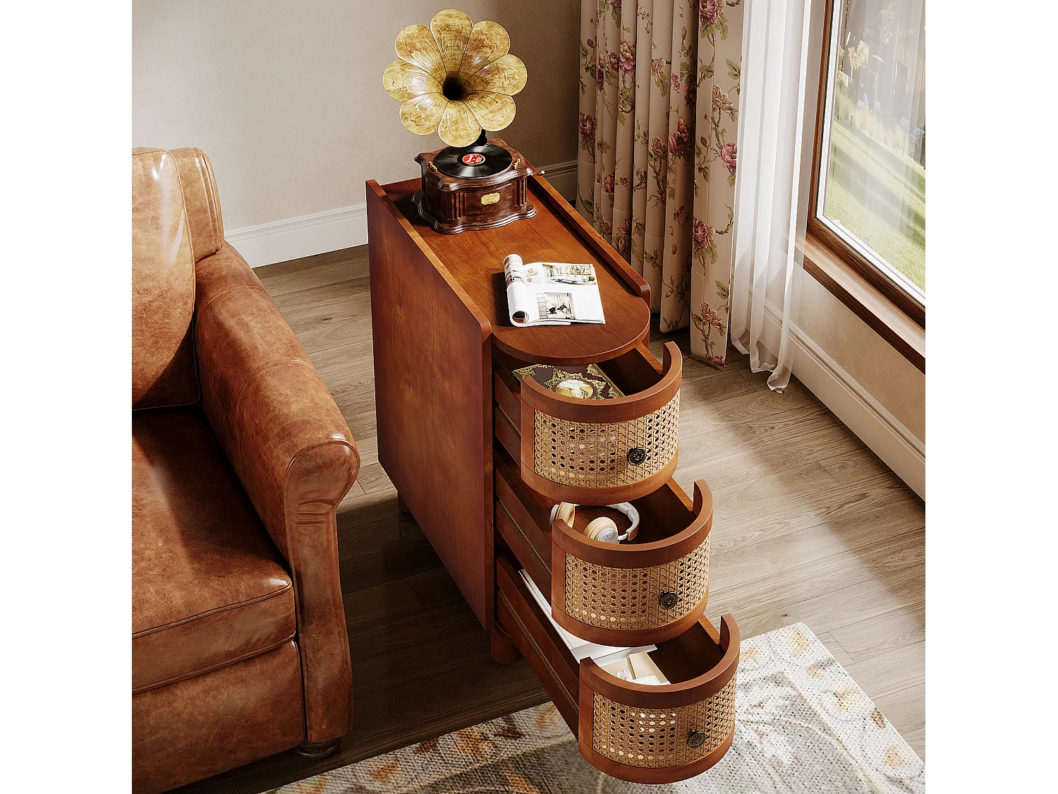 Table d'appoint en Bois Massif, Table de Chevet avec 3 tiroirs en rotin et poignées en Relief exquises