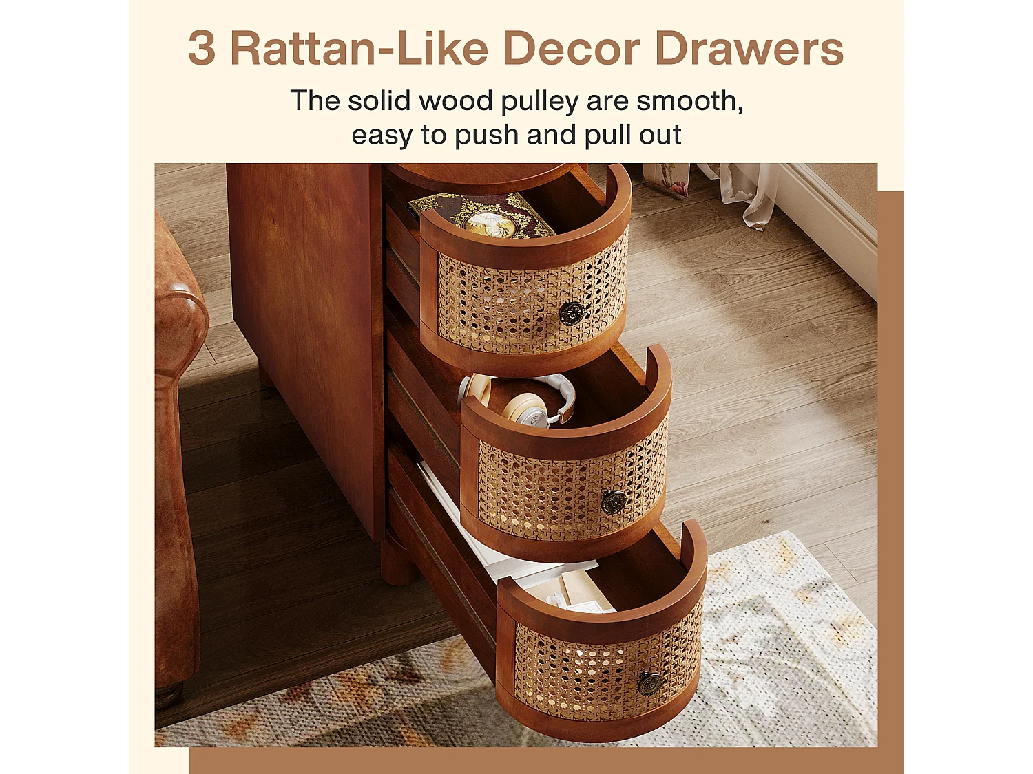 Table d'appoint en Bois Massif, Table de Chevet avec 3 tiroirs en rotin et poignées en Relief exquises