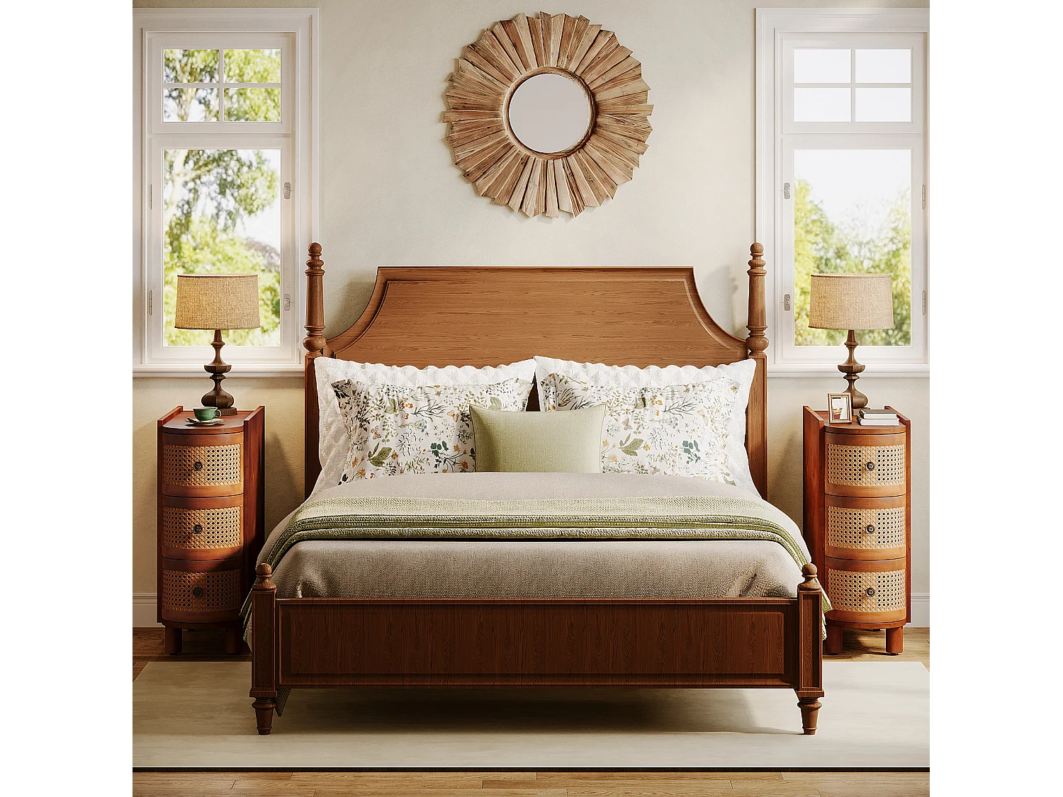 Table d'appoint en Bois Massif, Table de Chevet avec 3 tiroirs en rotin et poignées en Relief exquises