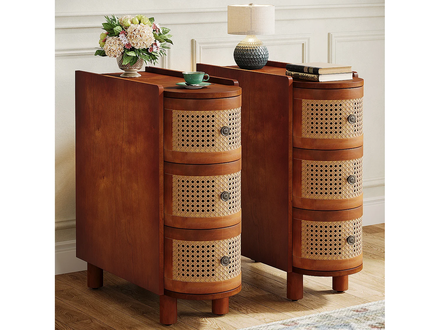 Table d'appoint en Bois Massif, Table de Chevet avec 3 tiroirs en rotin et poignées en Relief exquises