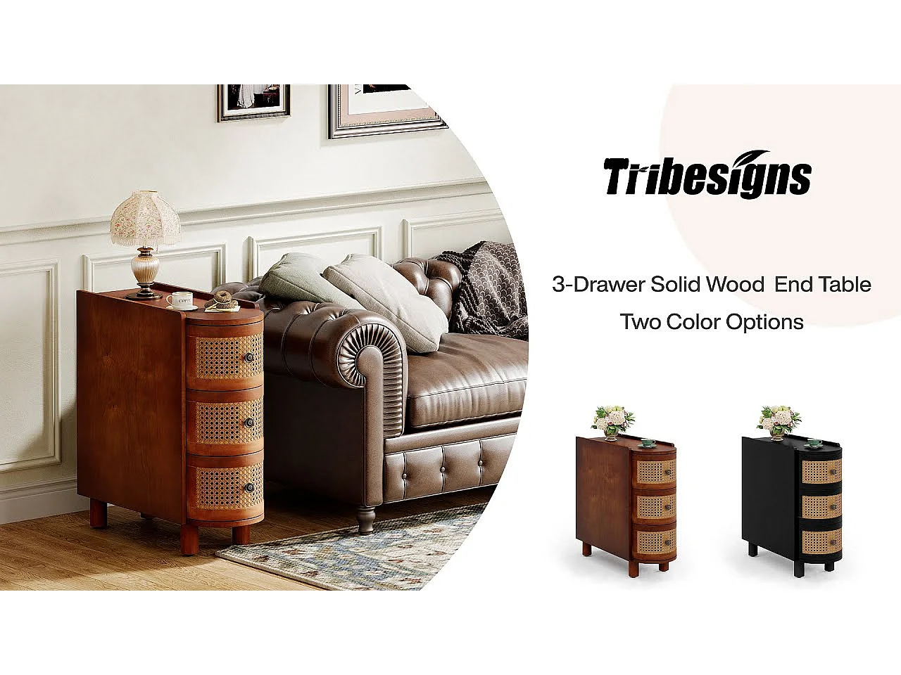 Table d'appoint en Bois Massif, Table de Chevet avec 3 tiroirs en rotin et poignées en Relief exquises