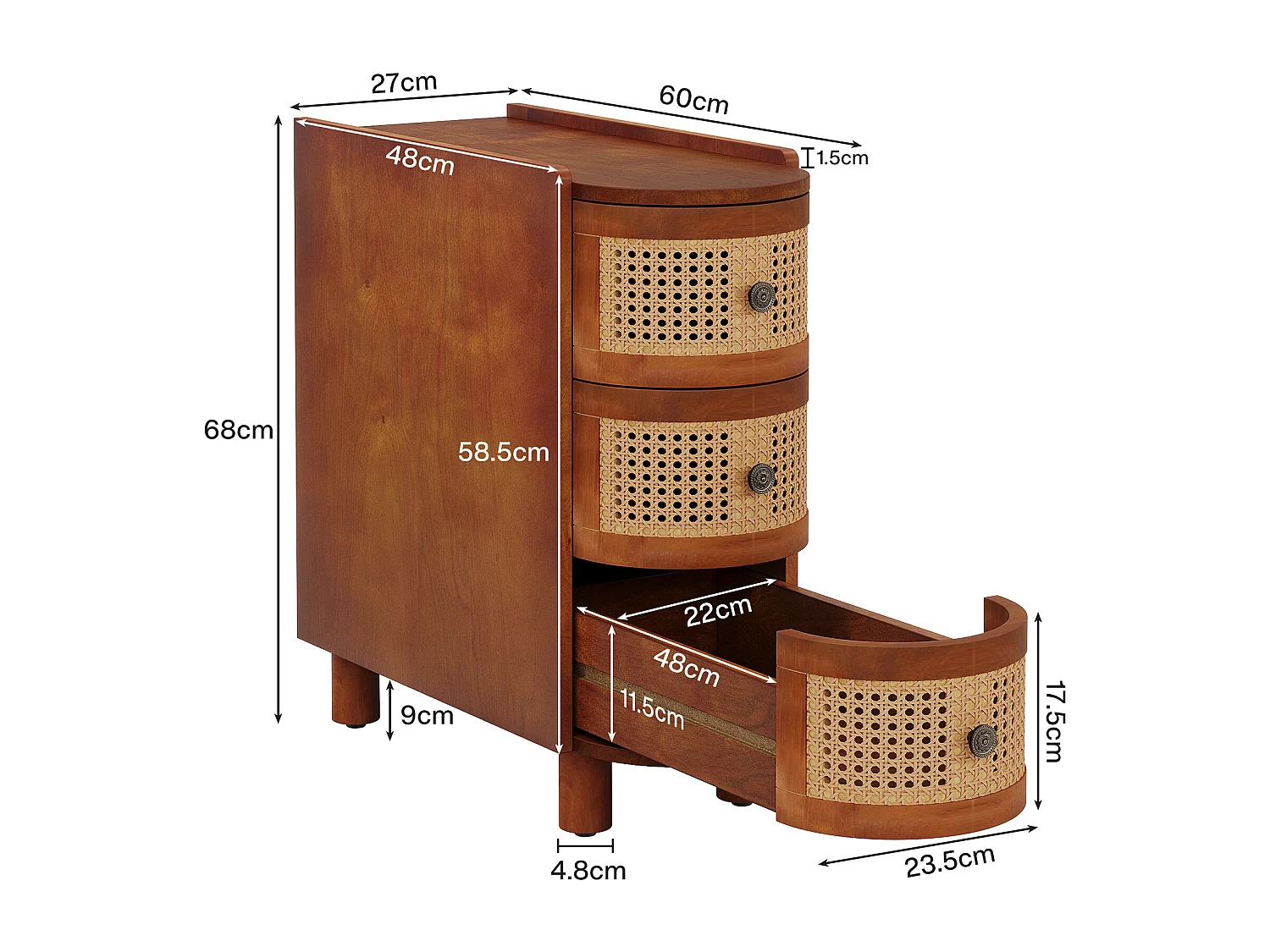 Table d'appoint en Bois Massif, Table de Chevet avec 3 tiroirs en rotin et poignées en Relief exquises