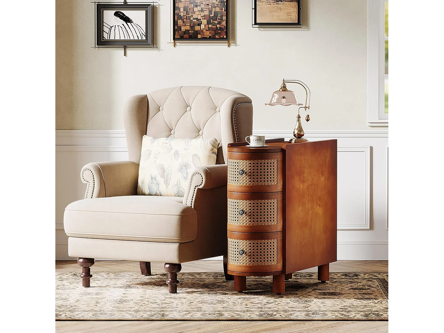 Table d'appoint en Bois Massif, Table de Chevet avec 3 tiroirs en rotin et poignées en Relief exquises