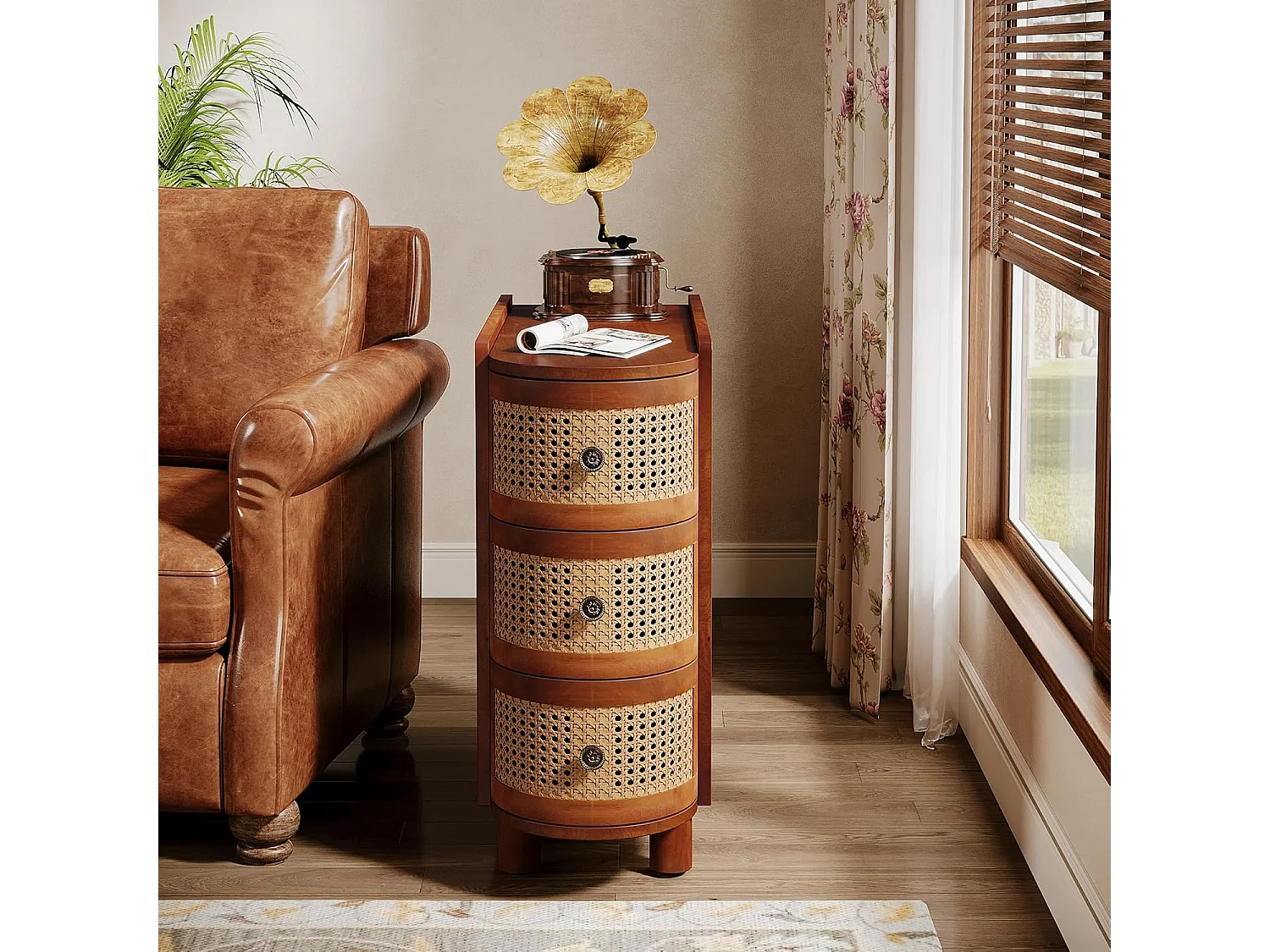 Table d'appoint en Bois Massif, Table de Chevet avec 3 tiroirs en rotin et poignées en Relief exquises