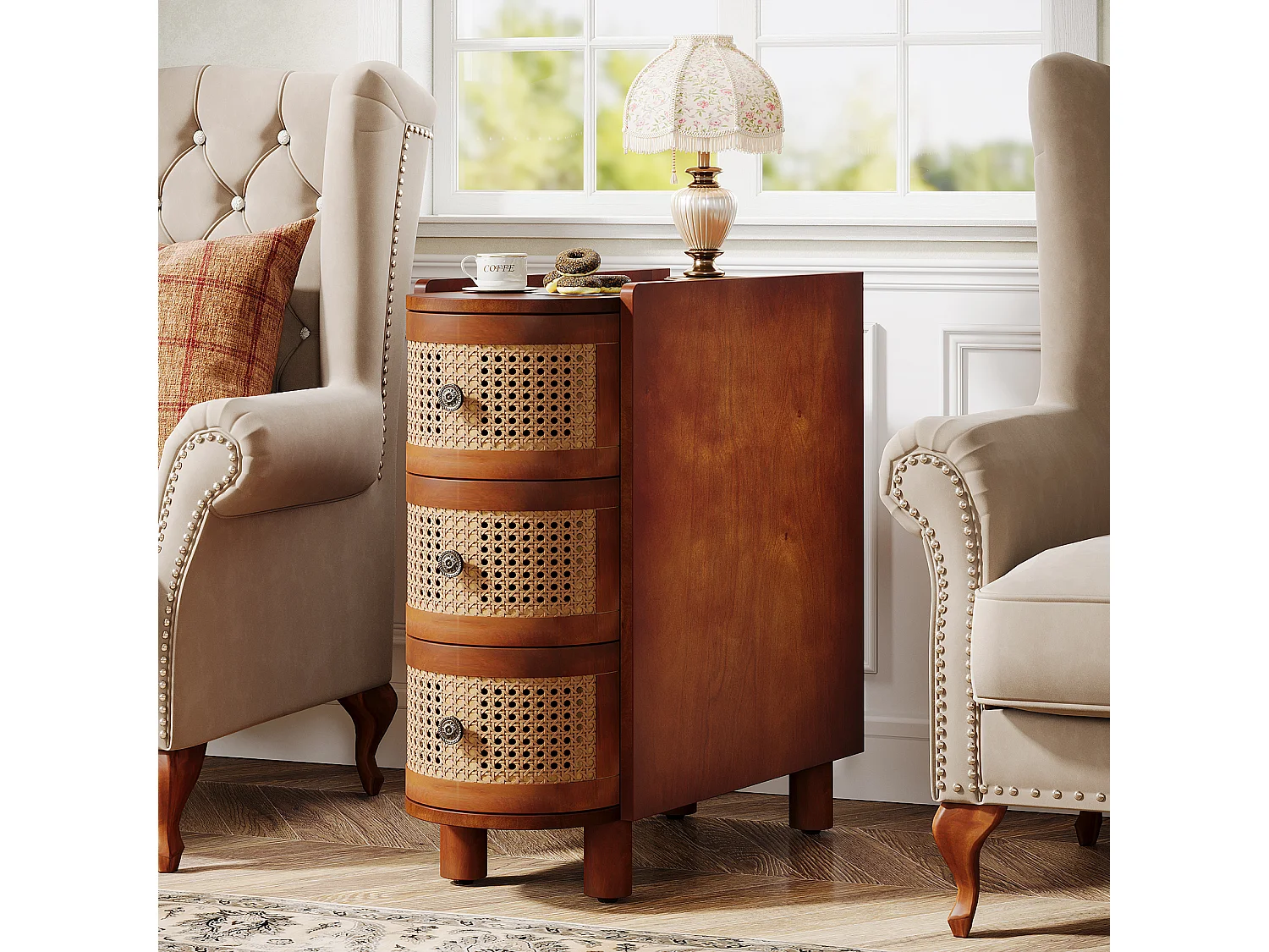 Table d'appoint en Bois Massif, Table de Chevet avec 3 tiroirs en rotin et poignées en Relief exquises