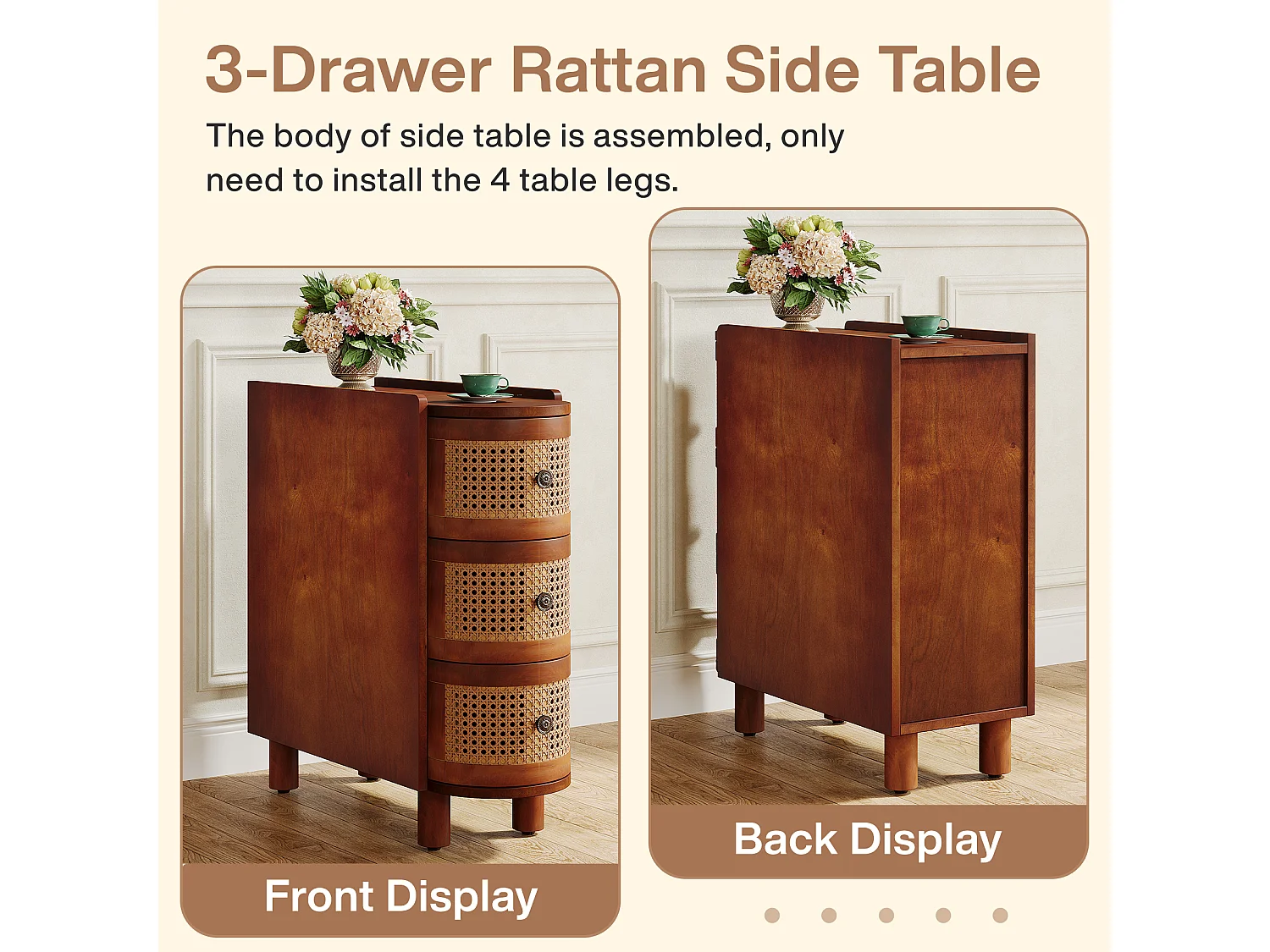 Table d'appoint en Bois Massif, Table de Chevet avec 3 tiroirs en rotin et poignées en Relief exquises