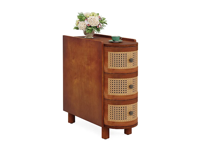 Table d'appoint en Bois Massif, Table de Chevet avec 3 tiroirs en rotin et poignées en Relief exquises