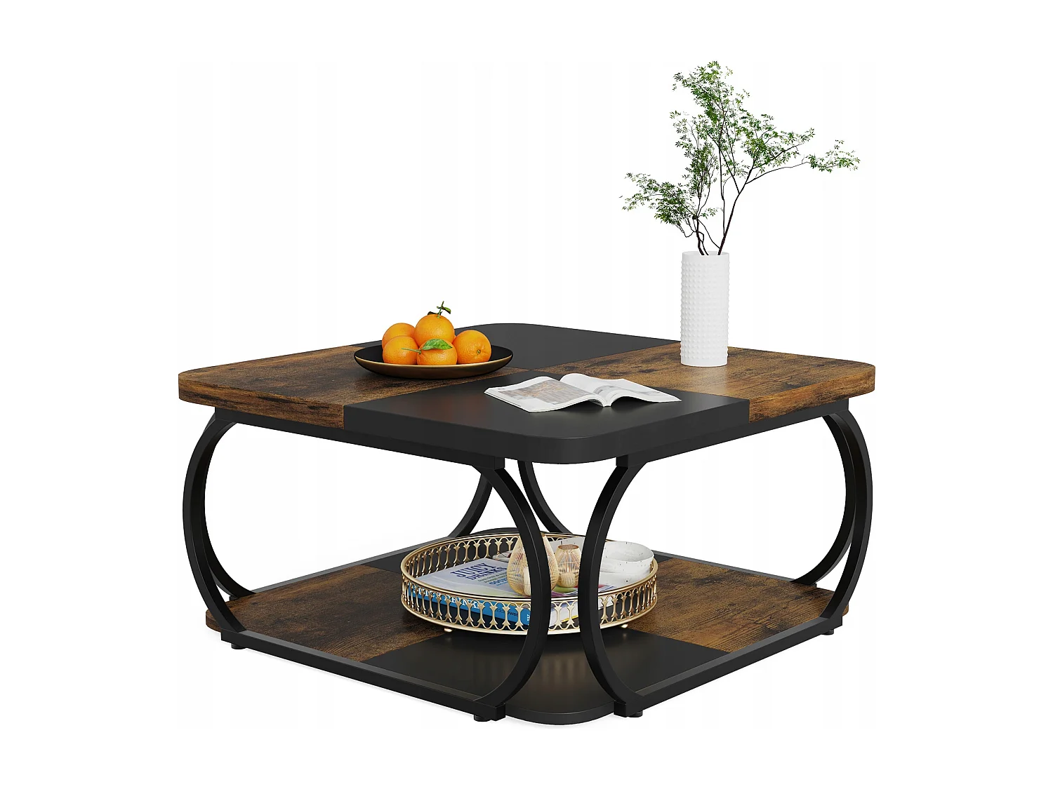 Mesa Baixa Quadrada para Sala, 100 x 100 x 50 cm, Mesa Baixa de Madeira, Mesa Baixa Industrial para Sala, Marrom Rústico & Preto