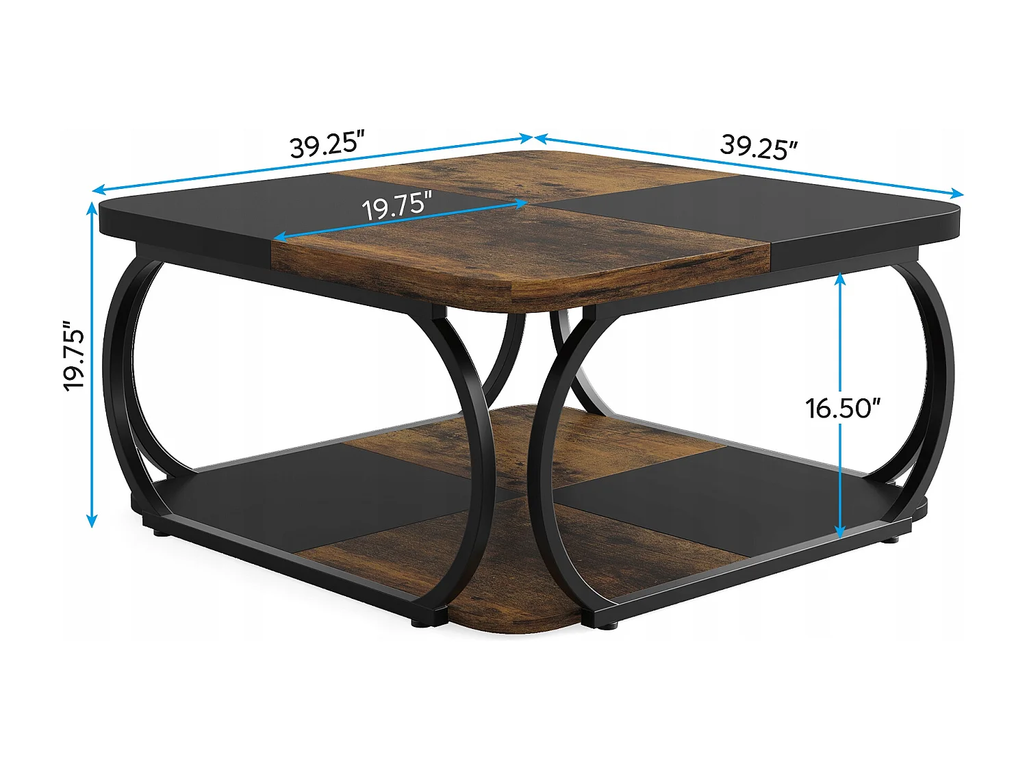 Mesa Baixa Quadrada para Sala, 100 x 100 x 50 cm, Mesa Baixa de Madeira, Mesa Baixa Industrial para Sala, Marrom Rústico & Preto