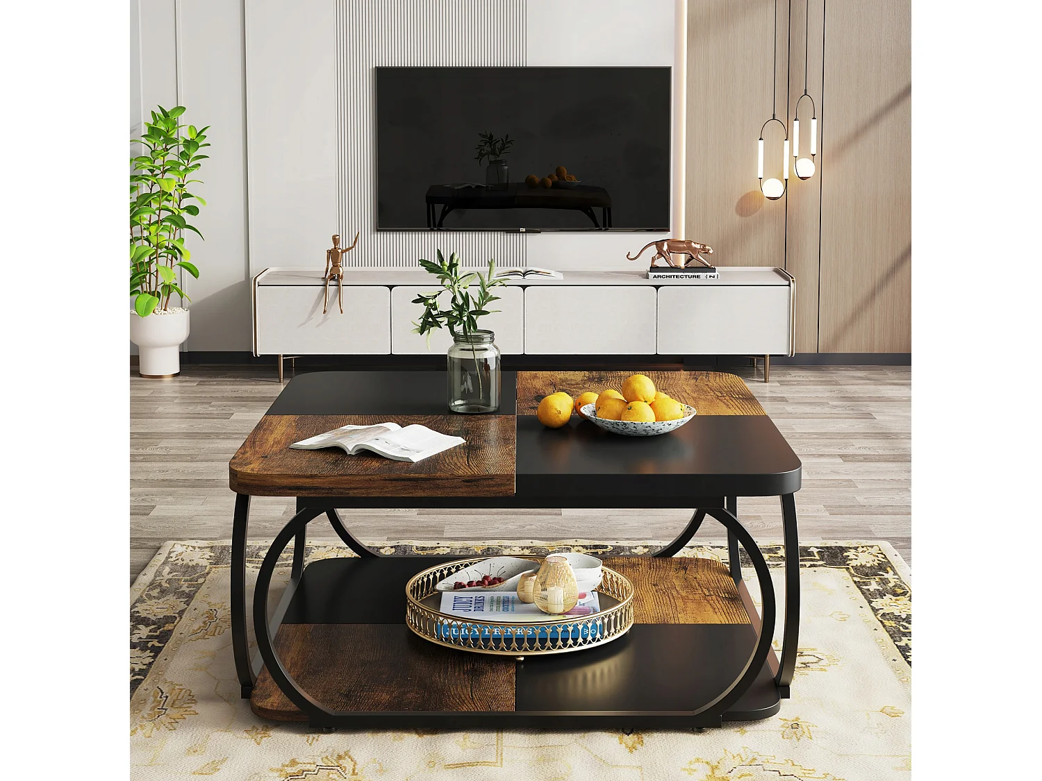 Mesa Baixa Quadrada para Sala, 100 x 100 x 50 cm, Mesa Baixa de Madeira, Mesa Baixa Industrial para Sala, Marrom Rústico & Preto