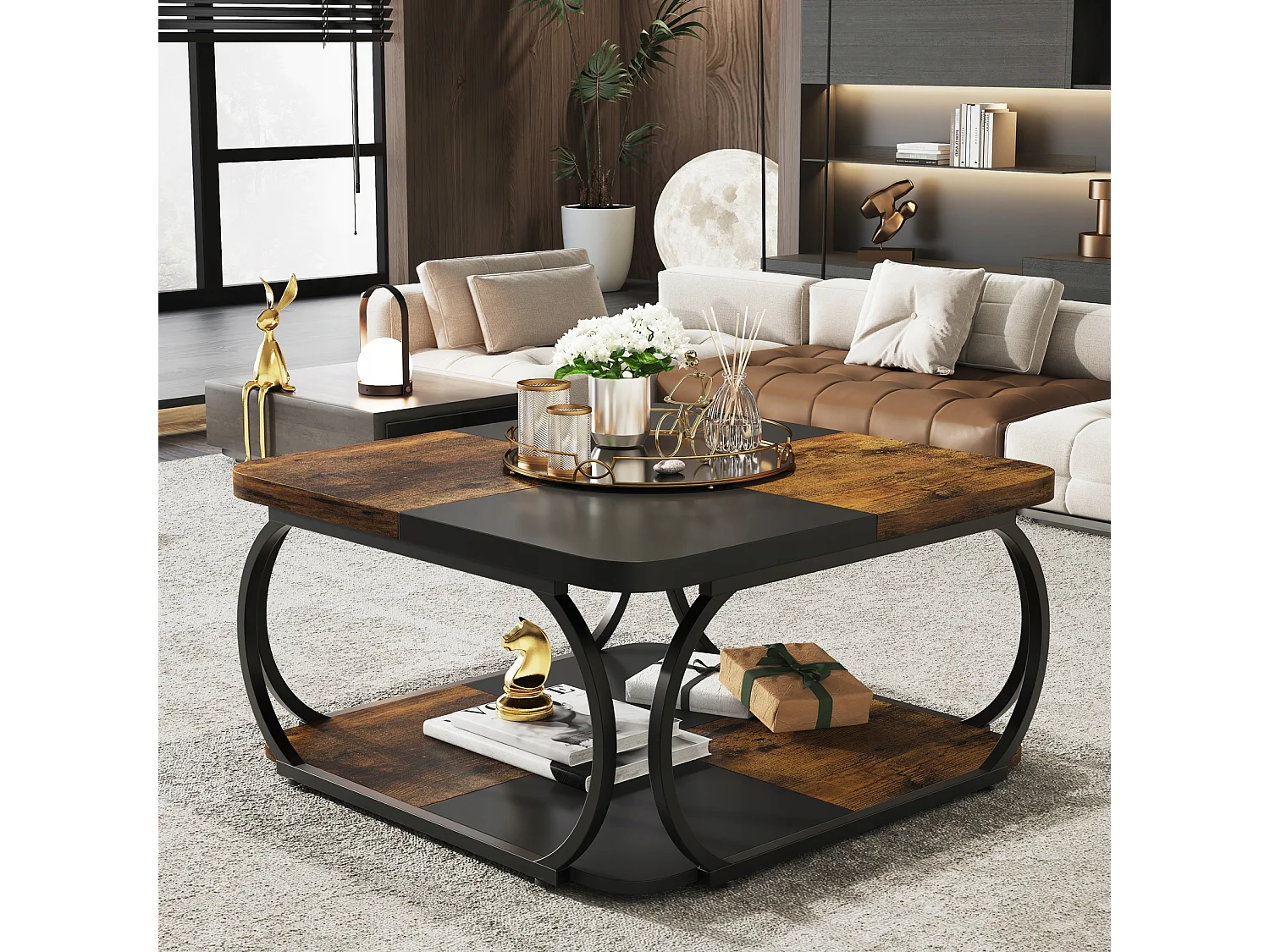 Mesa Baixa Quadrada para Sala, 100 x 100 x 50 cm, Mesa Baixa de Madeira, Mesa Baixa Industrial para Sala, Marrom Rústico & Preto