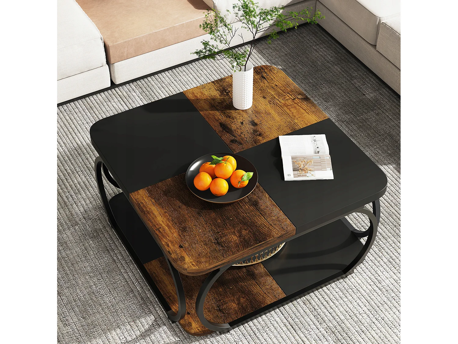 Mesa Baixa Quadrada para Sala, 100 x 100 x 50 cm, Mesa Baixa de Madeira, Mesa Baixa Industrial para Sala, Marrom Rústico & Preto