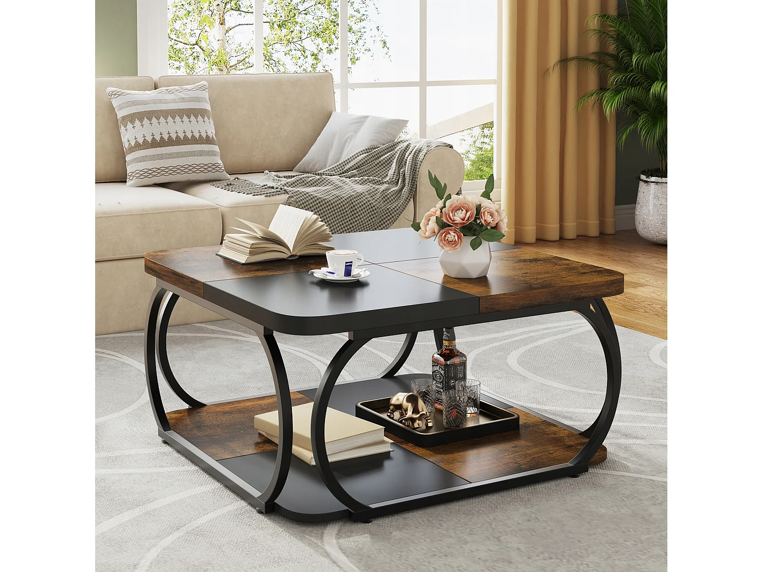 Mesa Baixa Quadrada para Sala, 100 x 100 x 50 cm, Mesa Baixa de Madeira, Mesa Baixa Industrial para Sala, Marrom Rústico & Preto