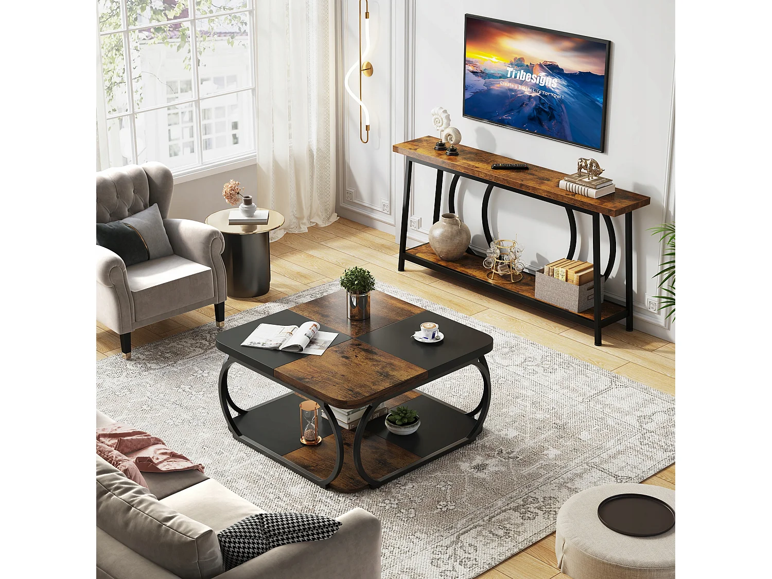 Mesa Baixa Quadrada para Sala, 100 x 100 x 50 cm, Mesa Baixa de Madeira, Mesa Baixa Industrial para Sala, Marrom Rústico & Preto