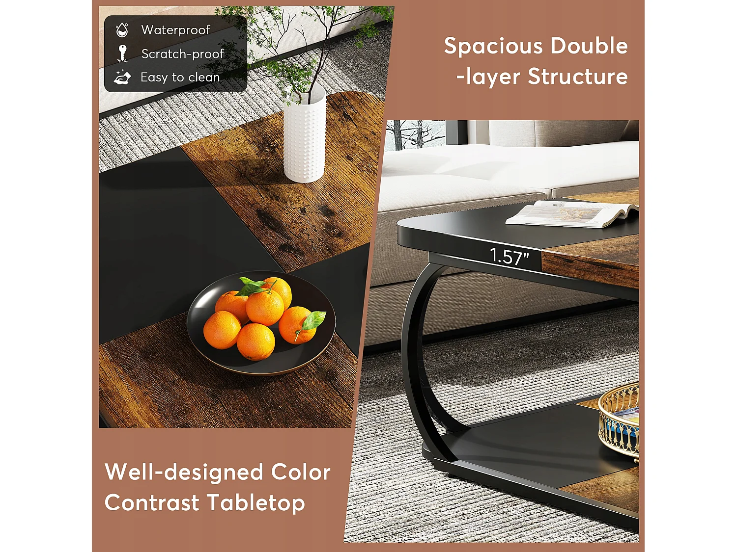 Mesa Baixa Quadrada para Sala, 100 x 100 x 50 cm, Mesa Baixa de Madeira, Mesa Baixa Industrial para Sala, Marrom Rústico & Preto