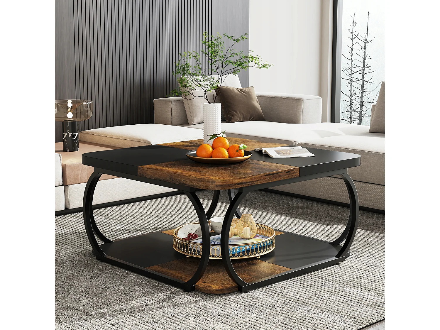 Kleine quadratische Salon-Tisch, 100 x 100 x 50 cm, Holztisch, Industrieller Salon-Tisch, Röstbraun rustikal & Schwarz
