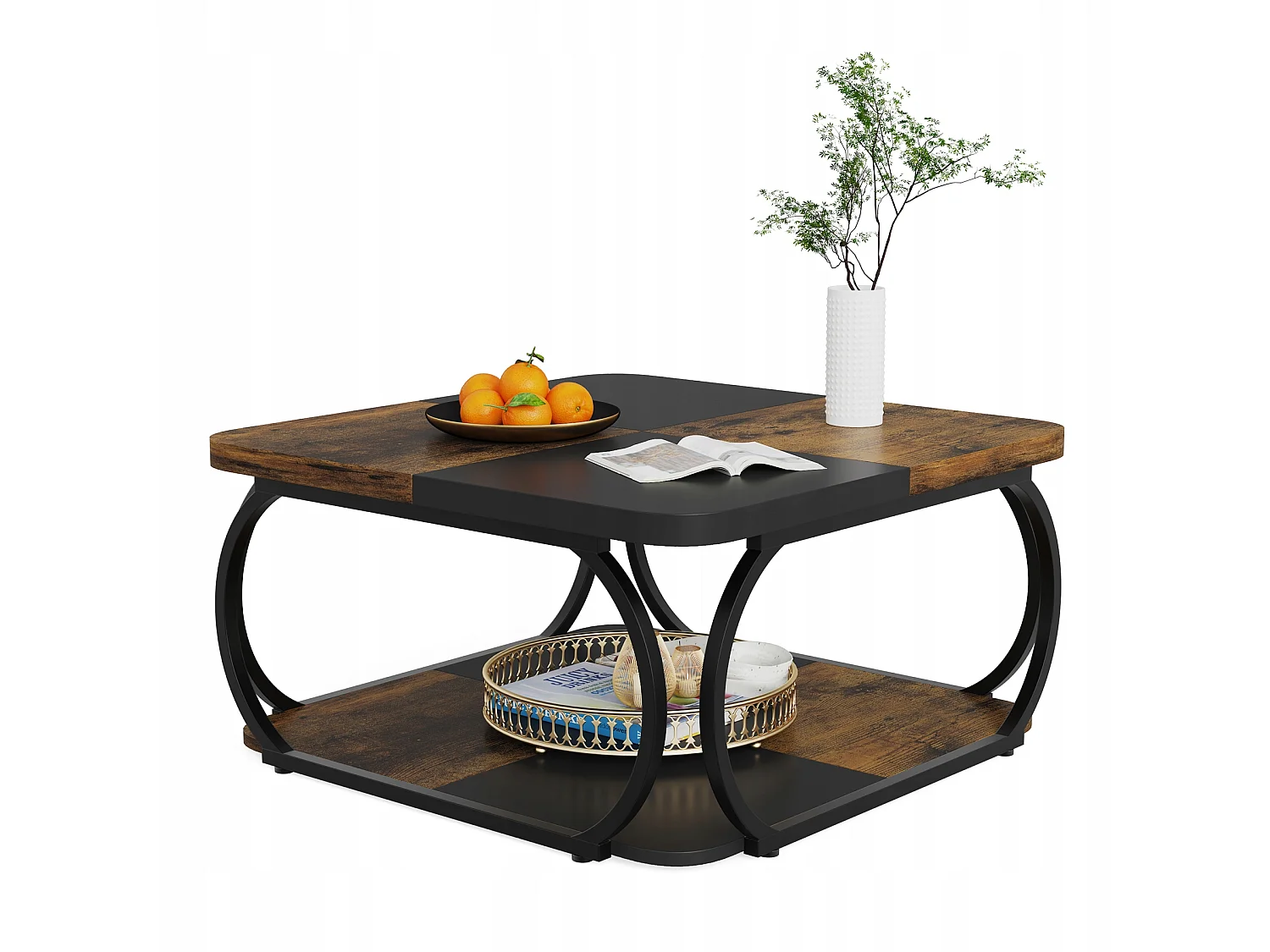 Table Basse Carrée pour Salon, 100 x 100 x 50 cm, Table Basse en Bois, Industriel Table Basse pour Salon, Marron Rustique & Noir
