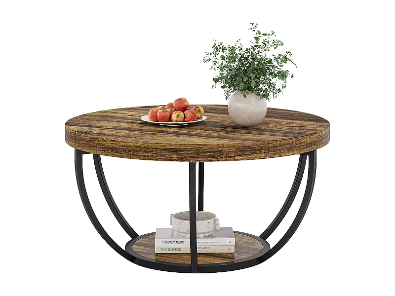 Table basse ronde industrielle à 2 niveaux avec étagères de rangement, table centrale moderne en bois de 80 cm