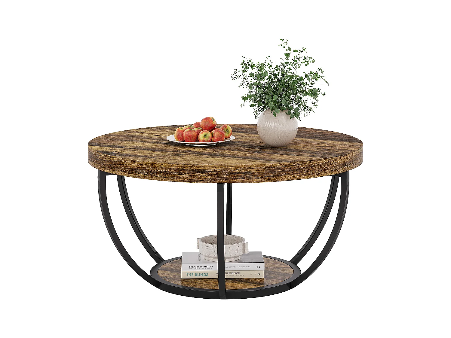 Table basse ronde industrielle à 2 niveaux avec étagères de rangement, table centrale moderne en bois de 80 cm