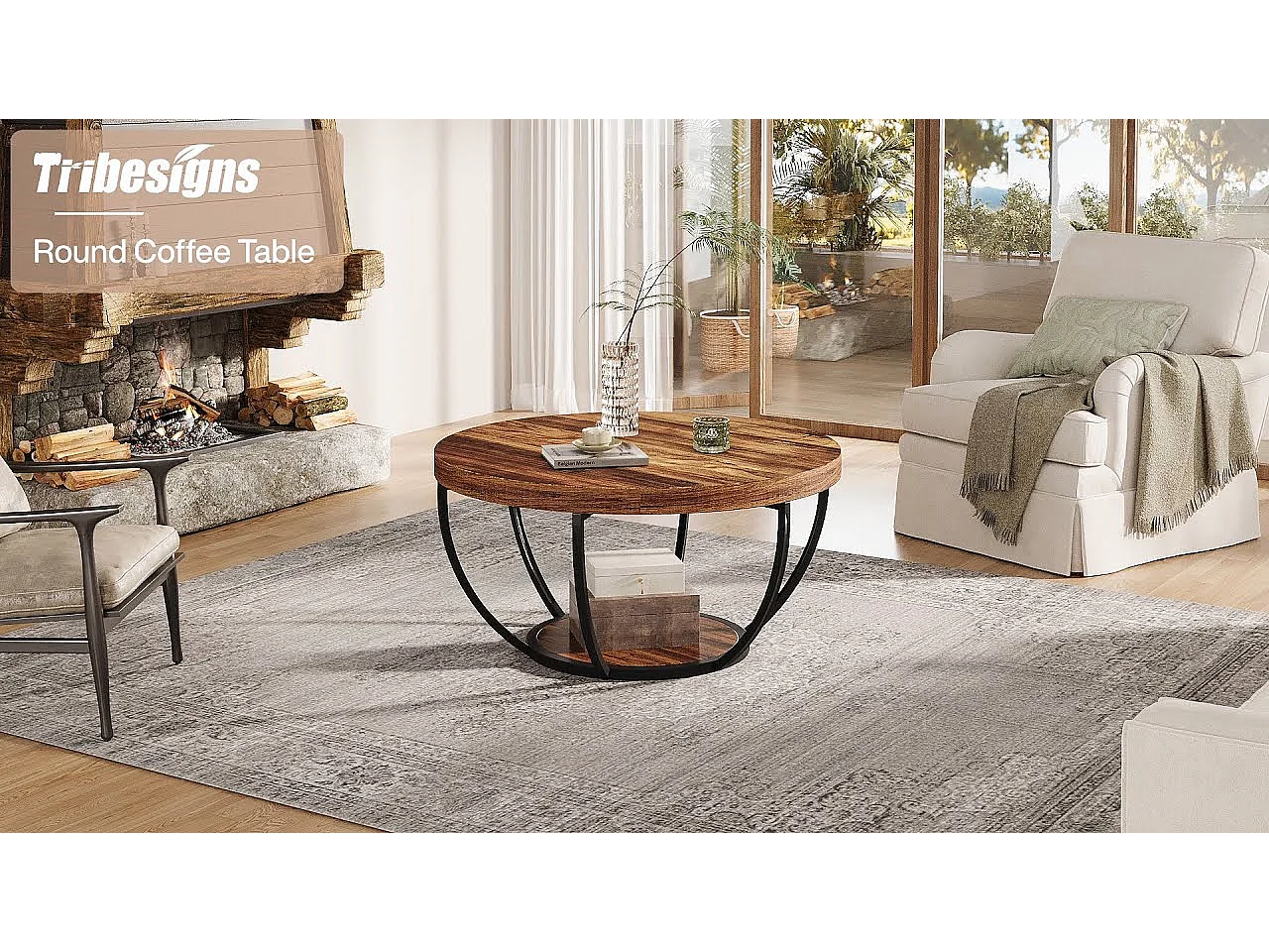 Table basse ronde industrielle à 2 niveaux avec étagères de rangement, table centrale moderne en bois de 80 cm