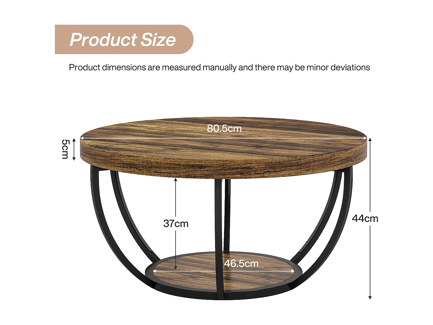 Table basse ronde industrielle à 2 niveaux avec étagères de rangement, table centrale moderne en bois de 80 cm