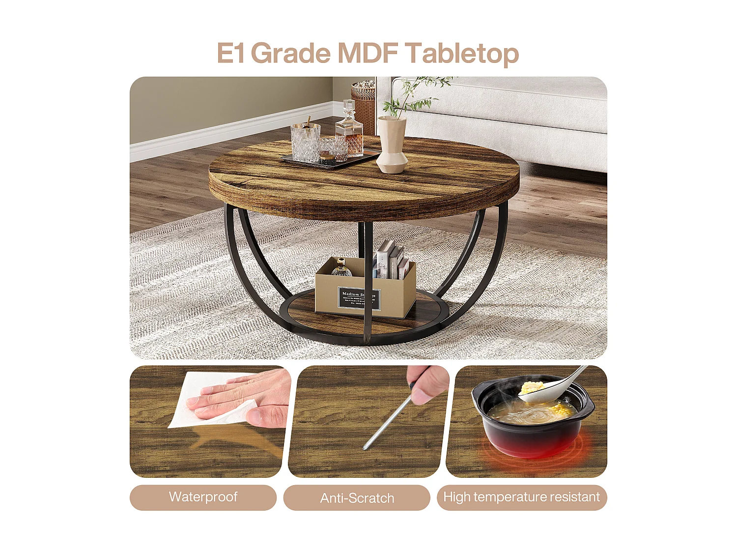 Table basse ronde industrielle à 2 niveaux avec étagères de rangement, table centrale moderne en bois de 80 cm