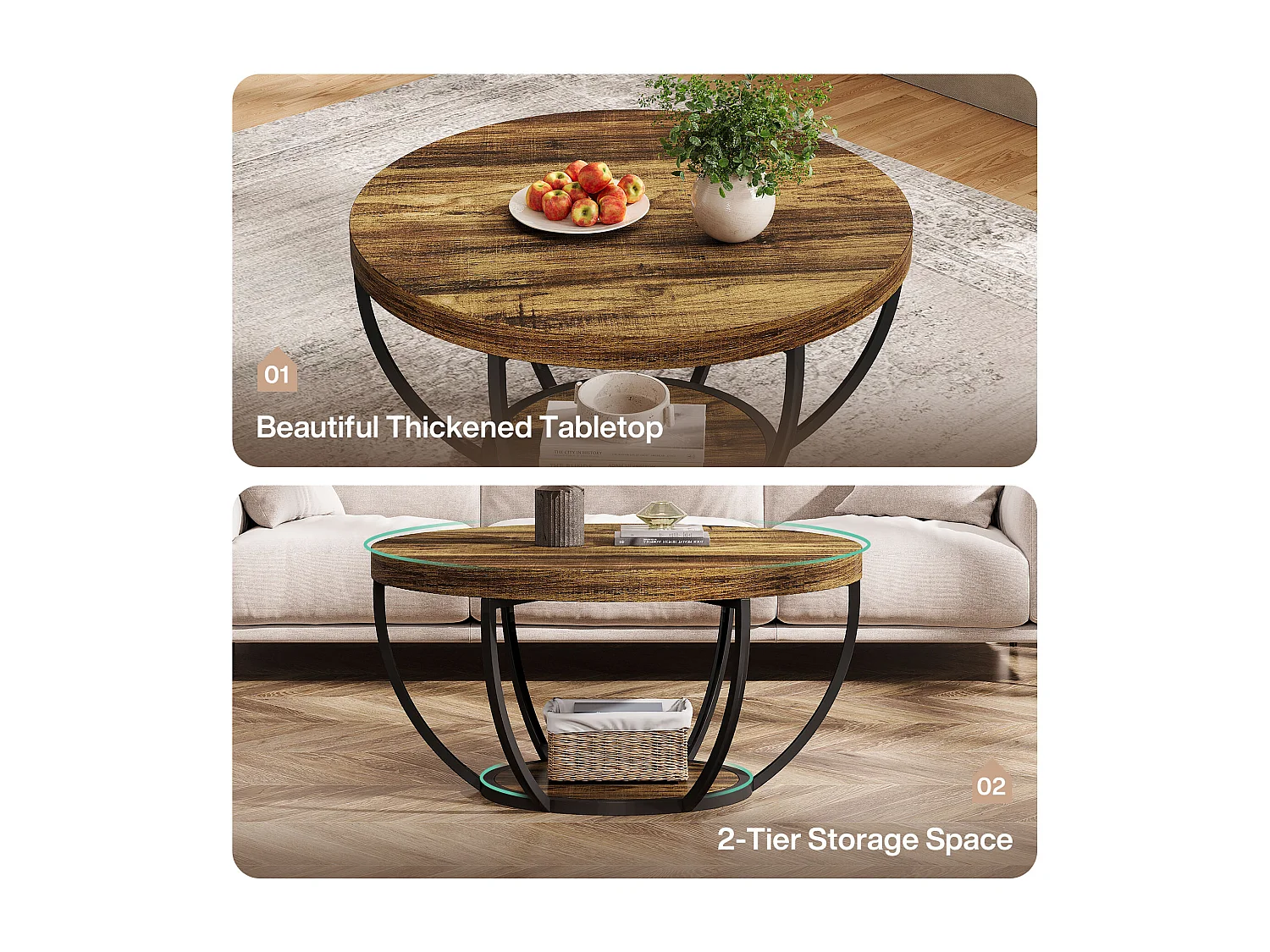 Table basse ronde industrielle à 2 niveaux avec étagères de rangement, table centrale moderne en bois de 80 cm