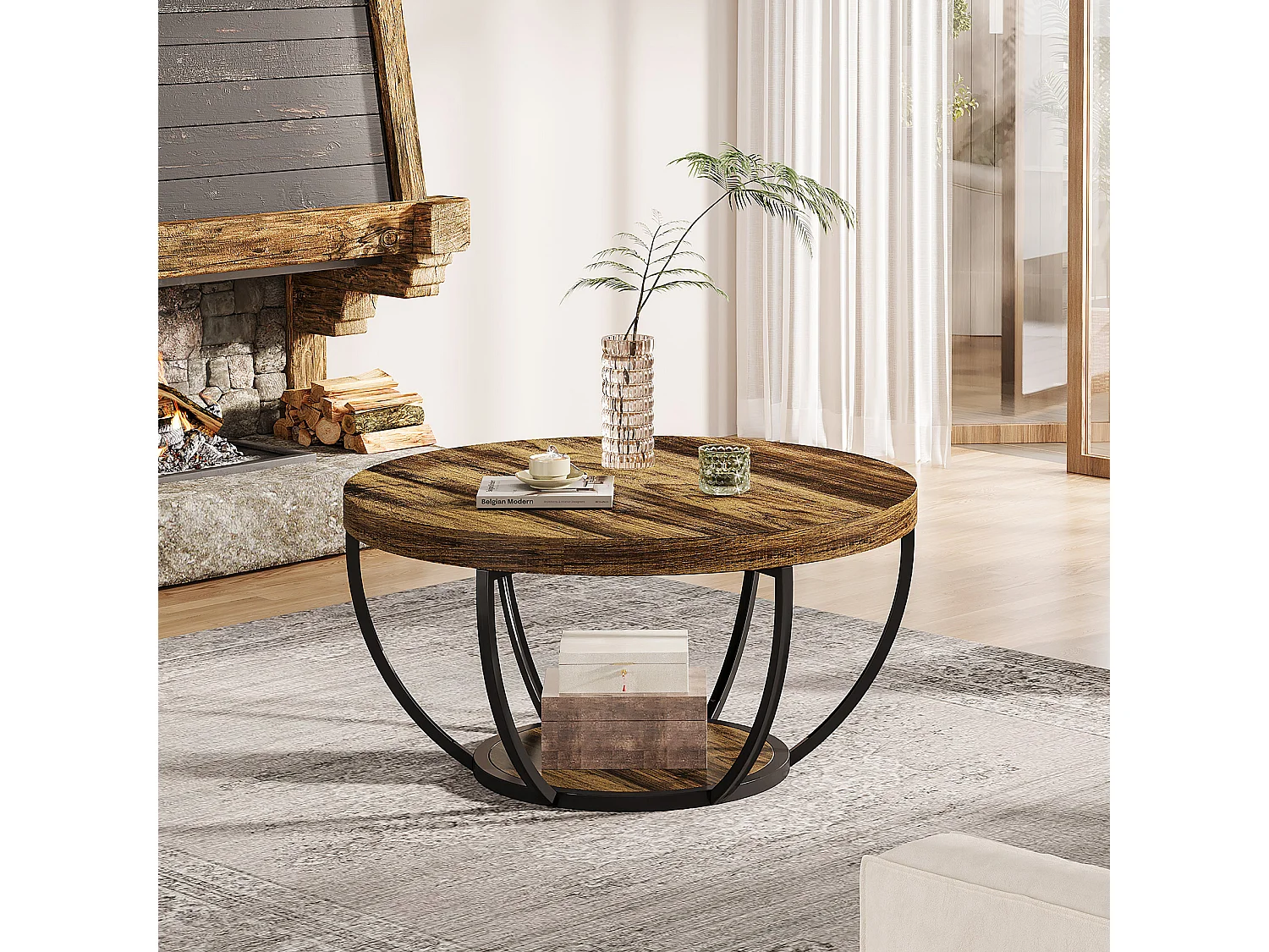 Table basse ronde industrielle à 2 niveaux avec étagères de rangement, table centrale moderne en bois de 80 cm