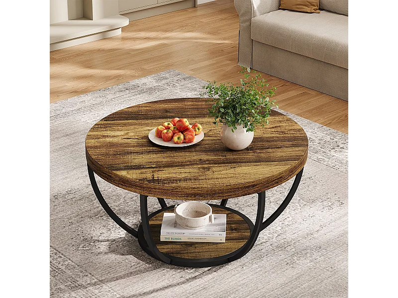 Industrielle runde niedrige Tabelle mit zwei Ebenen und Ablagepolstern, moderne zentrale Holztabelle mit einem Durchmesser von 80 cm
