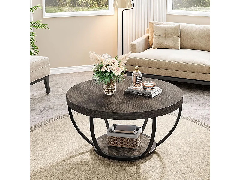Ronde salontafel, 2-laags industriële salontafel met opbergplanken, modern centraal houten accent, bijzettafel voor woonkamer, thuiskantoor