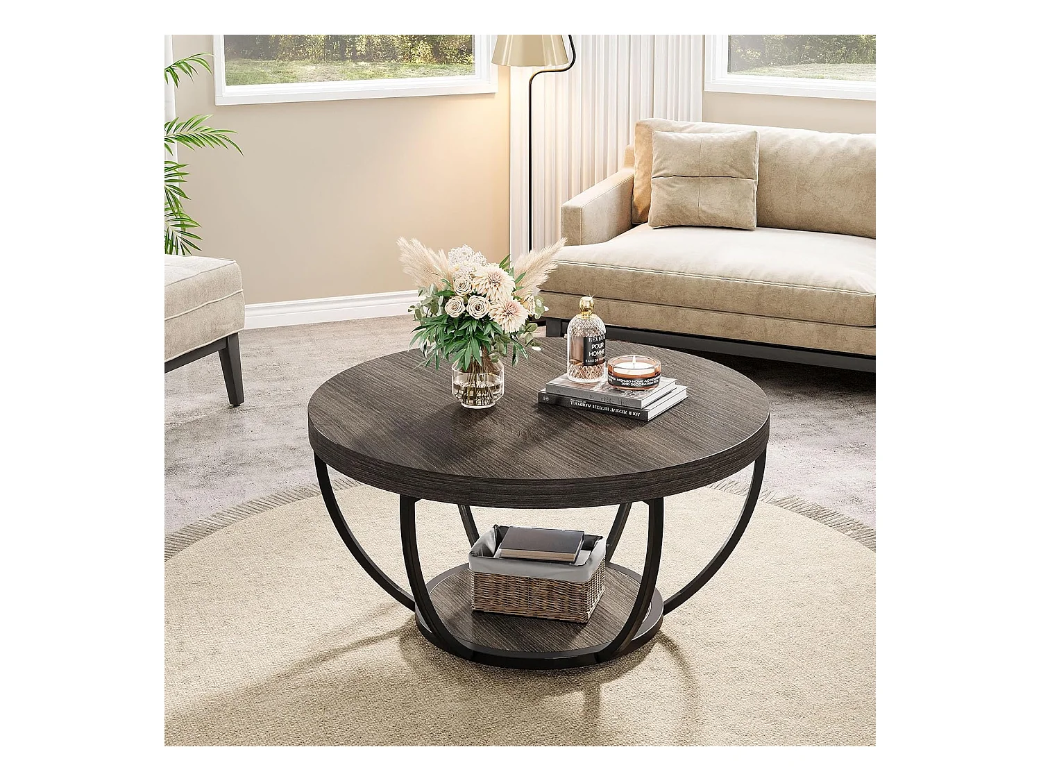 Table basse ronde, table basse industrielle à 2 niveaux avec étagères de rangement, accent moderne en bois central