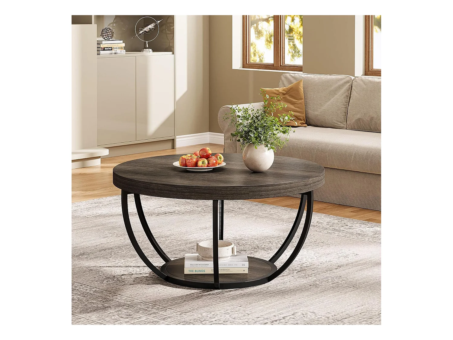 Table basse ronde, table basse industrielle à 2 niveaux avec étagères de rangement, accent moderne en bois central