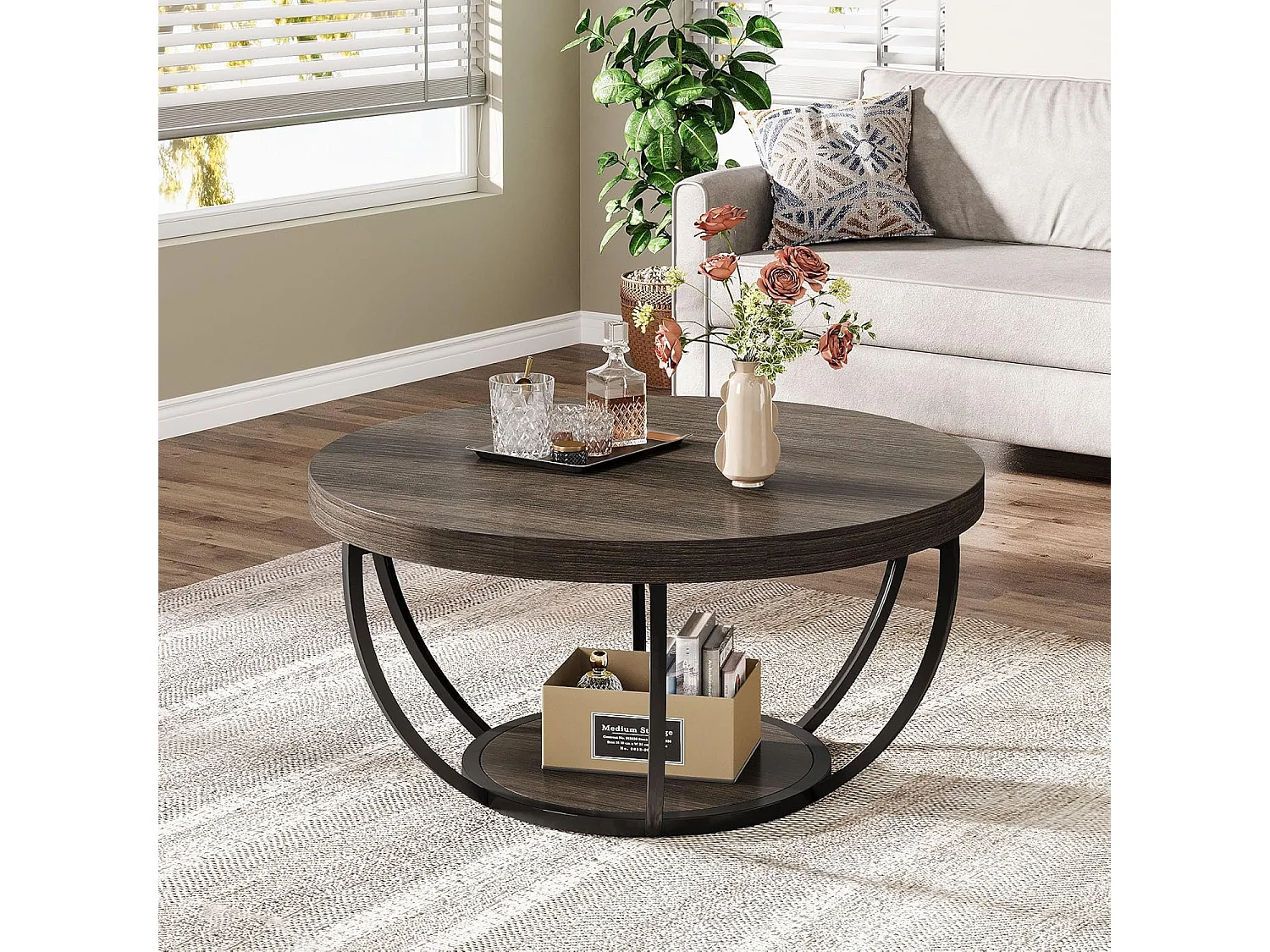 Table basse ronde, table basse industrielle à 2 niveaux avec étagères de rangement, accent moderne en bois central