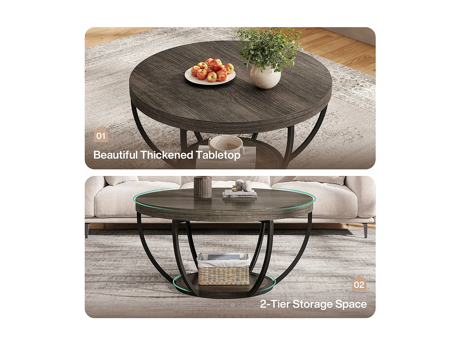 Table basse ronde, table basse industrielle à 2 niveaux avec étagères de rangement, accent moderne en bois central