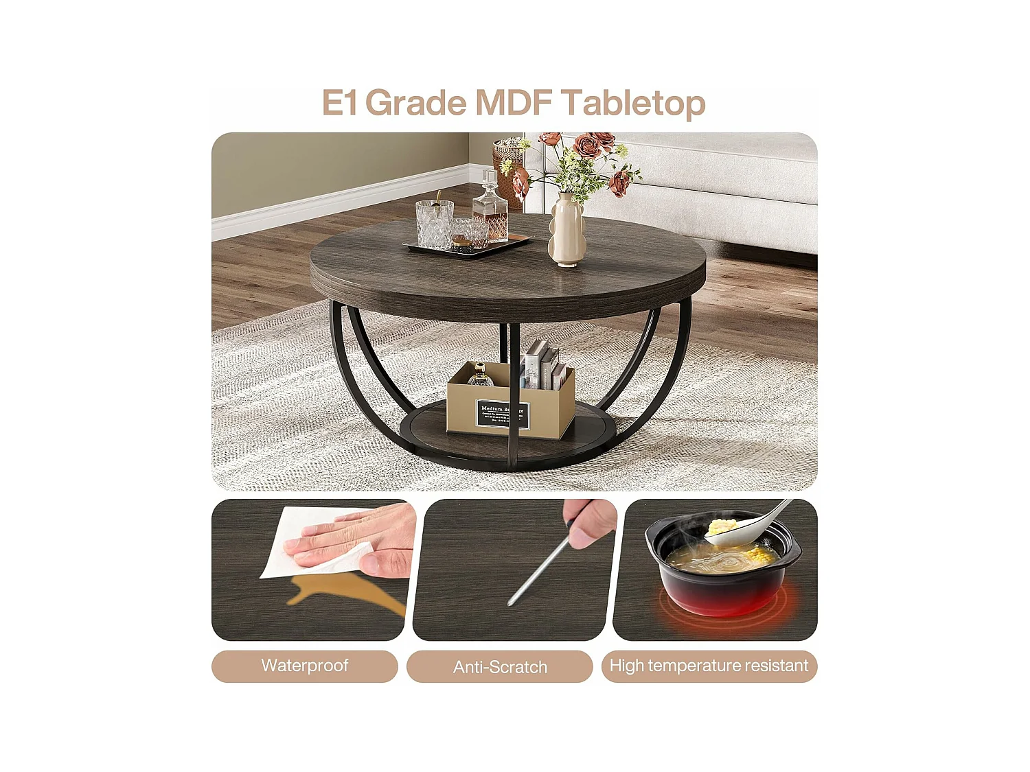 Table basse ronde, table basse industrielle à 2 niveaux avec étagères de rangement, accent moderne en bois central