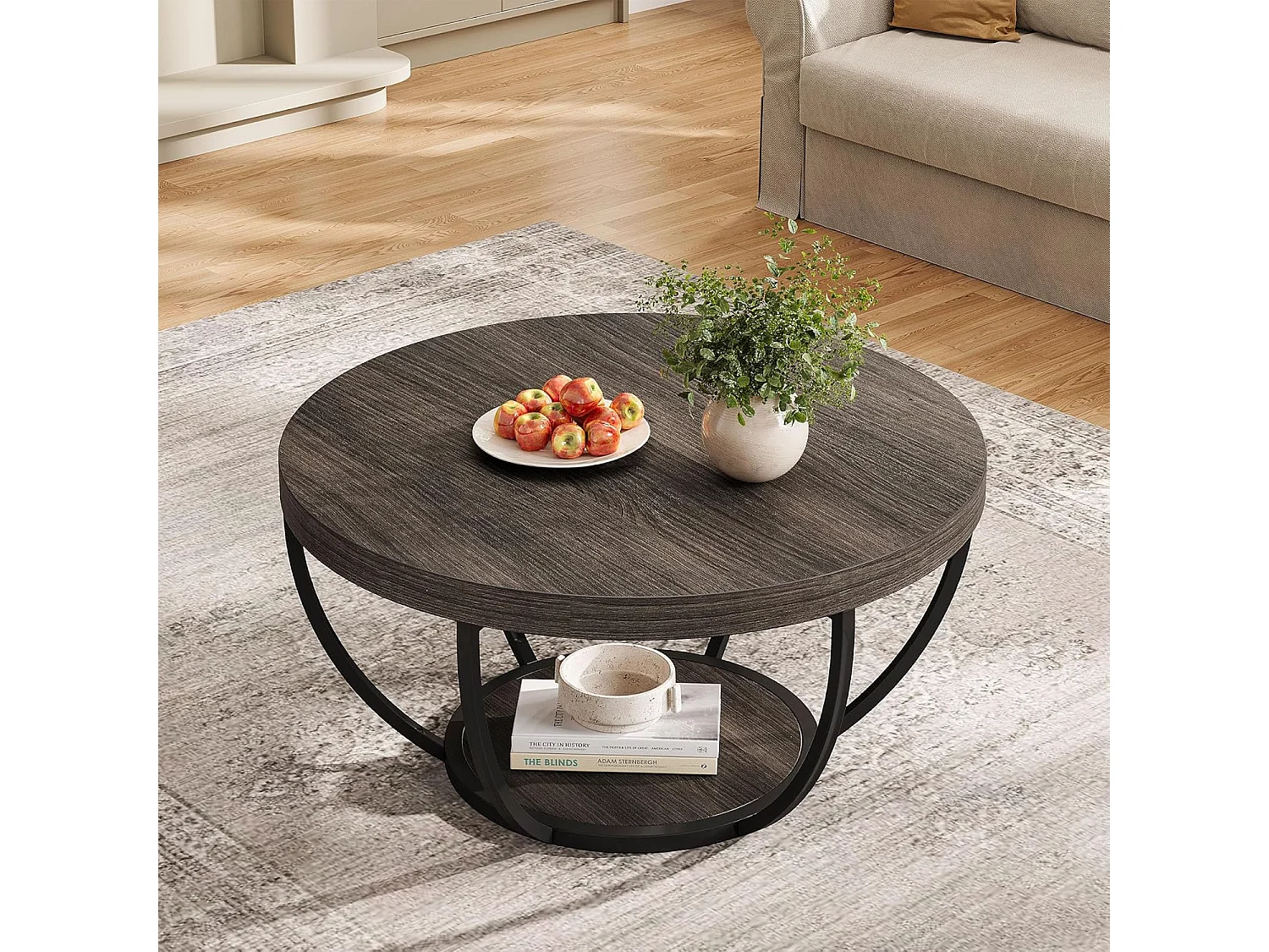 Table basse ronde, table basse industrielle à 2 niveaux avec étagères de rangement, accent moderne en bois central