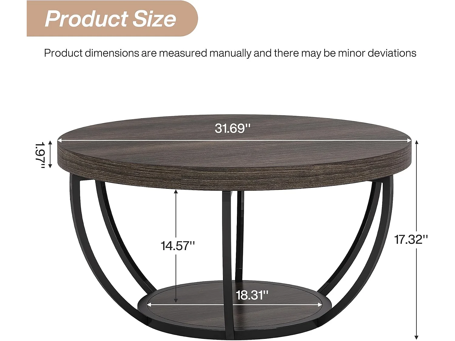 Table basse ronde, table basse industrielle à 2 niveaux avec étagères de rangement, accent moderne en bois central