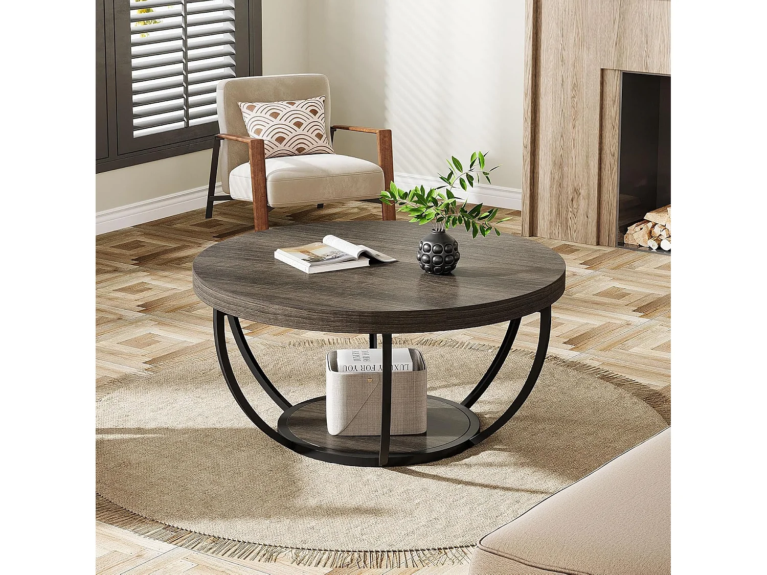 Table basse ronde, table basse industrielle à 2 niveaux avec étagères de rangement, accent moderne en bois central