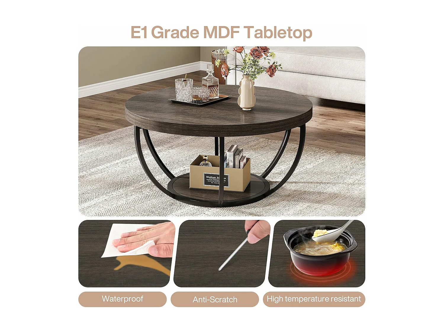 Table basse ronde, table basse industrielle à 2 niveaux avec étagères de rangement, accent moderne en bois central